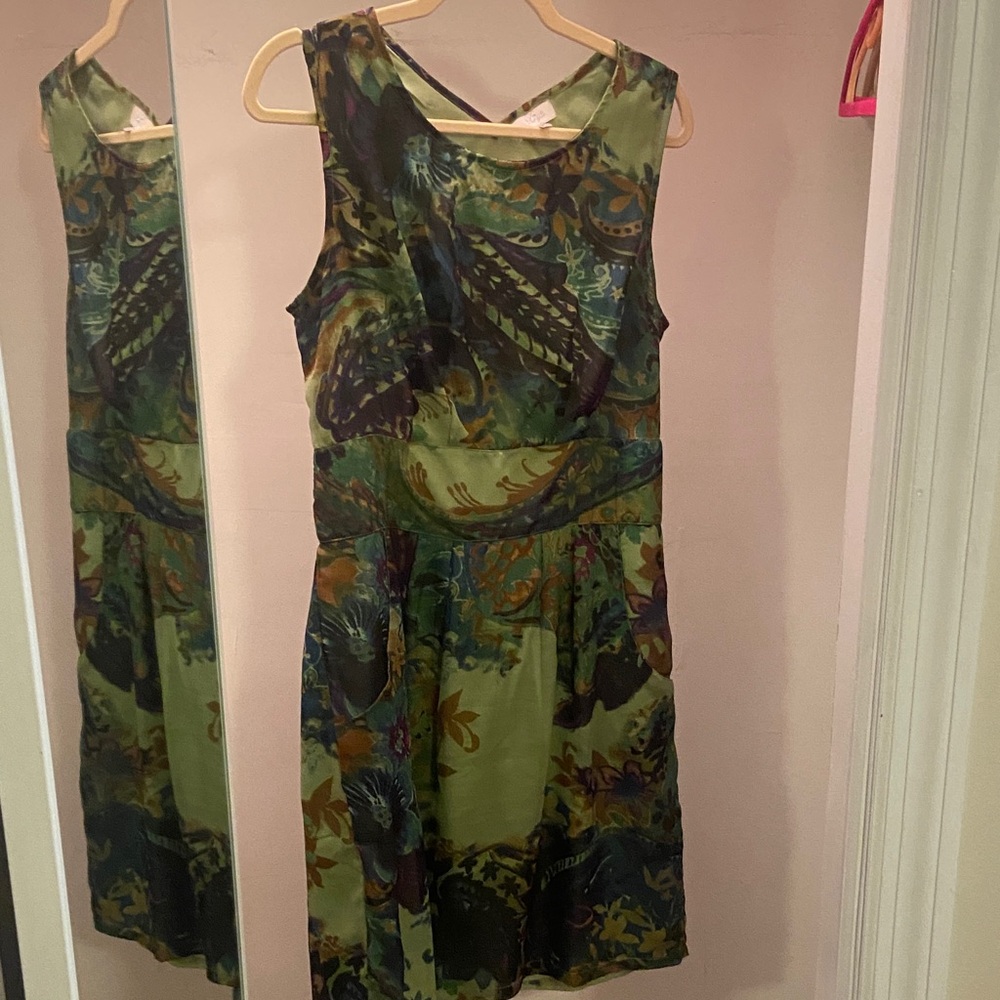 Sleeveless Olive Green Floral Midi Dress